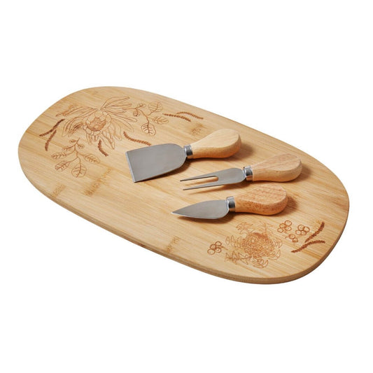 Featuring a beautiful design of Australia flora by Sydney artist Sally Browne this bamboo serving board comes with 2 cheese knives and a fork for easy serving. Gift boxed