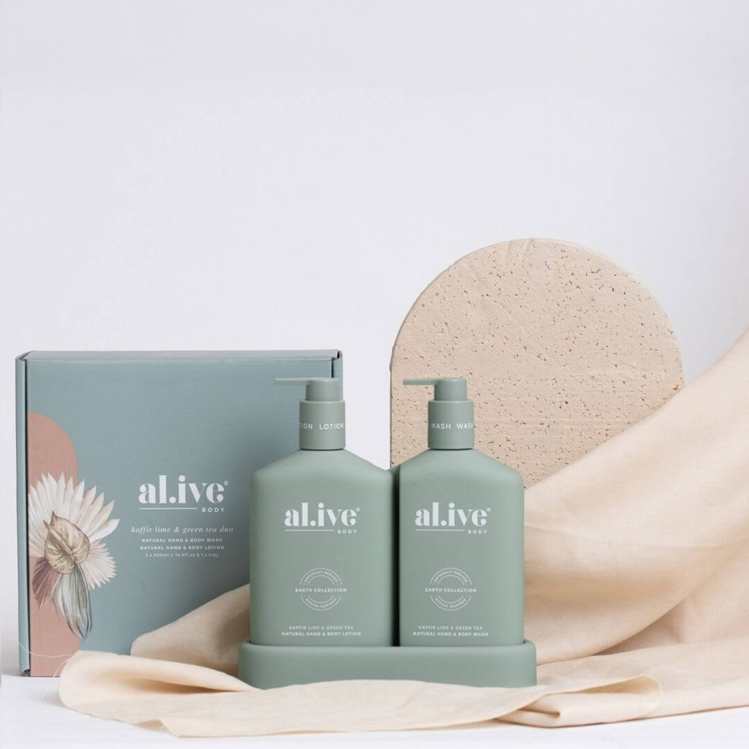 The Kaffir Lime & Green Tea Duo from al.ive body includes a 500ml hand & body wash, 500ml hand & body lotion and a matching tray. Available at AL.IVE stockist Not Plain Jane
