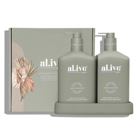 al.ive body - Green Pepper and Lotus hand and body duo in a muted olive colourway.  Each Duo from al.ive body contains a 500ml hand & body wash, 500ml hand & body lotion and a matching tray. The alluring aroma of vibrant Green Pepper harmonises expertly with white florals in this cologne-like scent that will impart a sense of luxury, elegance and sophistication.