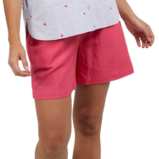 The Sadie short from Elm are a coral coloured elastic waist mid length short with feature tie waist.