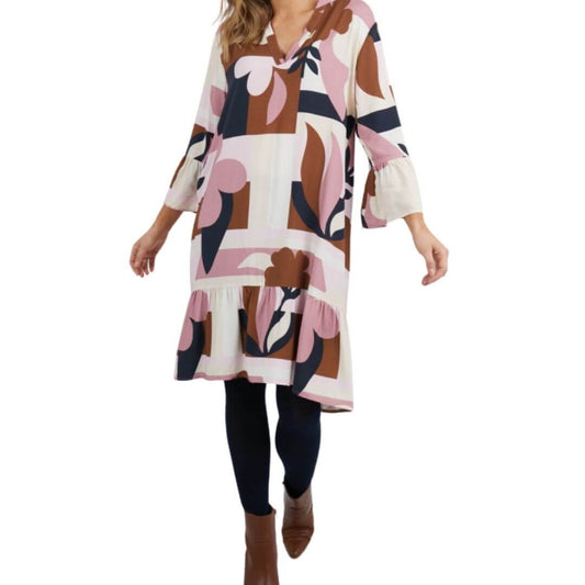 Featuring an Elm exclusive print, the Abstraction Dress is a knee length dress on a cream base with dusty pink, chocolate and navy print. with frill detail at the sleeve and hem adds a playful and feminine touch.