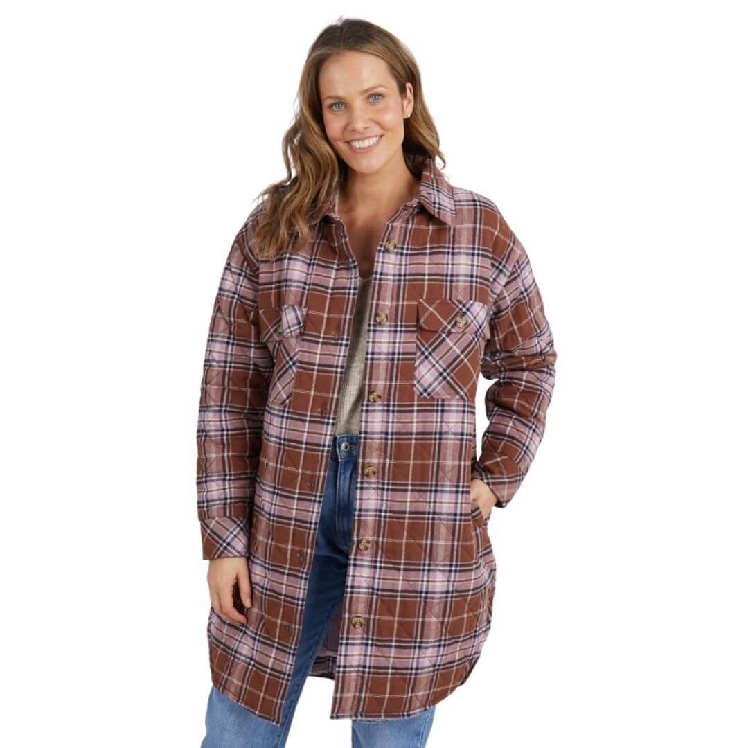 The Aster Check shacket from Elm Clothing features a tartan check in shades of pink, chocolate and oatmeal and is a great layering piece for the Autumn months. Available at Elm Stockist Not Plain Jane 22 Pin Oak Cres Flemington.