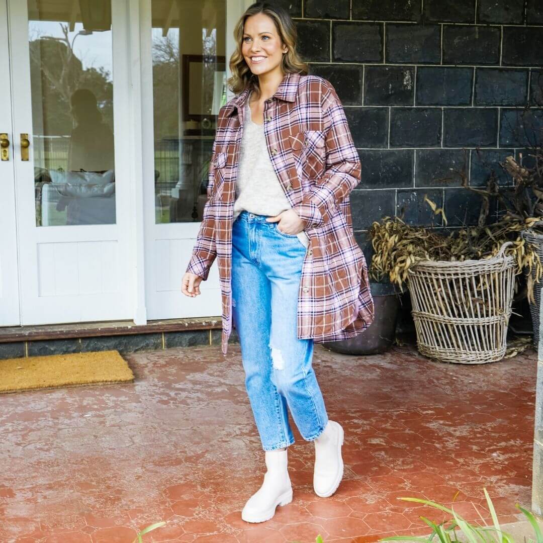 The Aster Check shacket from Elm Clothing features a tartan check in shades of pink, chocolate and oatmeal and is a great layering piece for the Autumn months. Available at Elm Stockist Not Plain Jane 22 Pin Oak Cres Flemington.