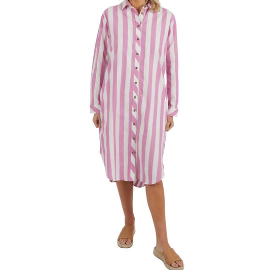 The Mulberry Stripe Shirt Dress from Elm Clothing is a beautiful woven cotton shirt dress featuring a stunning mulberry stripe.  With self tie waist and pockets, this is the ultimate dress up or down piece for your wardrobe. 