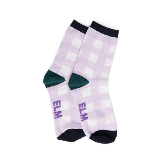 This two pack of ankle socks feature one lilac check pair and with navy and green accents and one plain white pair.