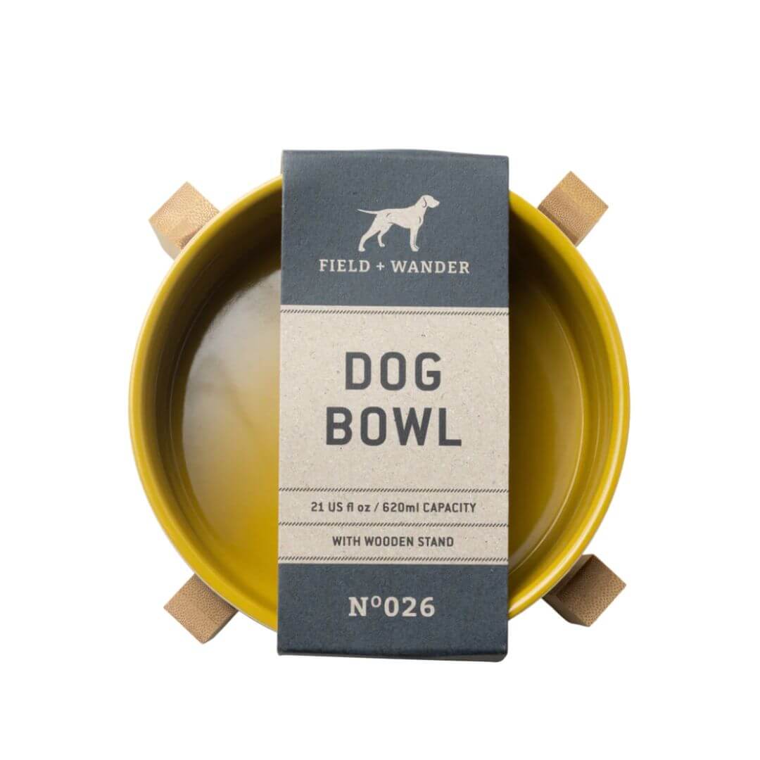 Dog Bowl with Wooden Stand - Yellow