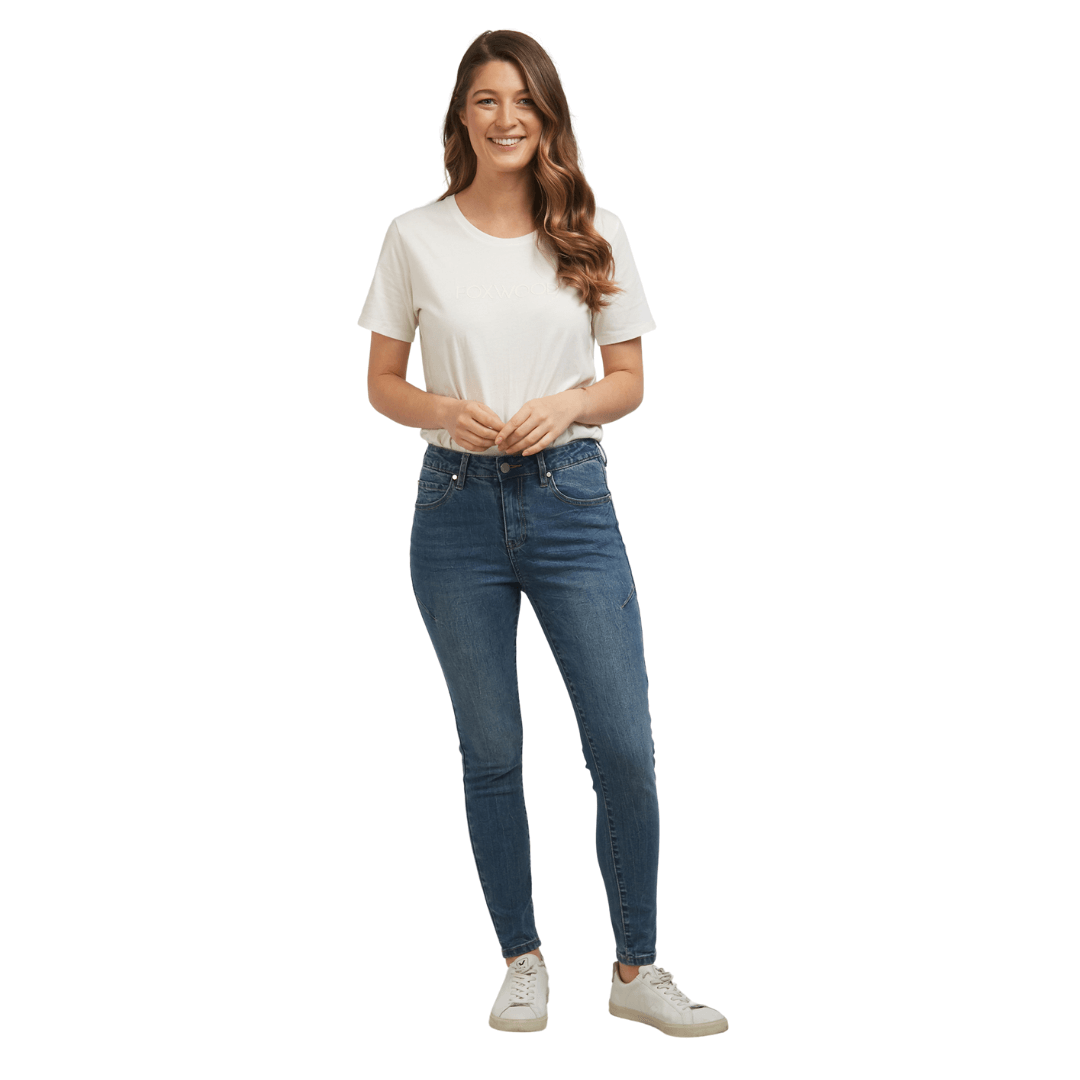 Foxwood City Jean in Blue are the comfiest slim leg jean around. Available at Not Plain Jane Living