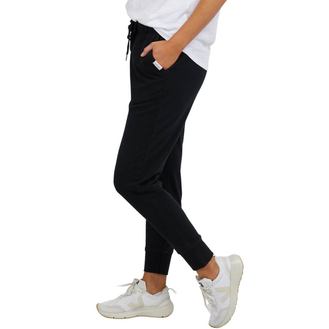 Foxwood's Lazy Days track pants are a  cotton blend unbrushed fleece pant that will keep you cosy, while looking stylish. Foxwood clothing available in store and online at Not Plain Jane Flemington