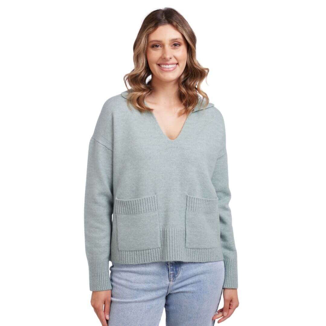 The Sophie Collar Knit from Foxwood is a stunning Leaf Green wool blend collared knit with a delicate open neckline making it a soft and flattering style for everyone.