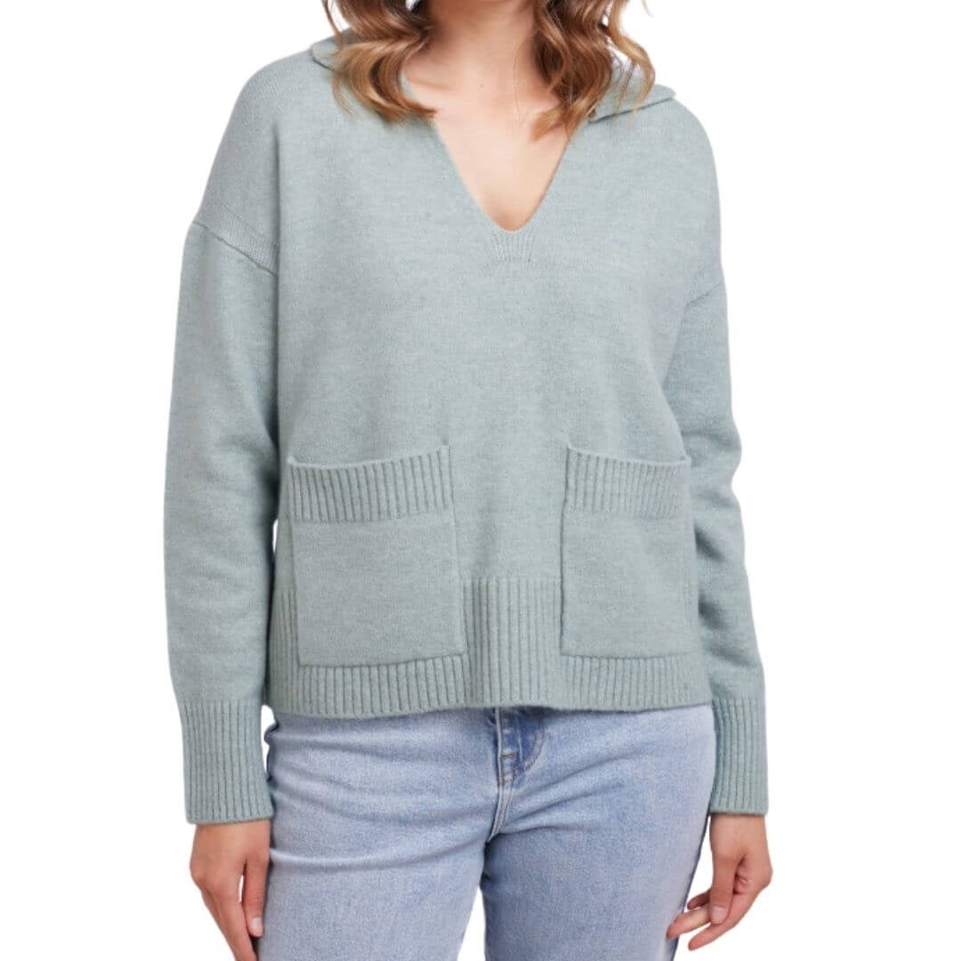 The Sophie Collar Knit from Foxwood is a stunning Leaf Green wool blend collared knit with a delicate open neckline making it a soft and flattering style for everyone.