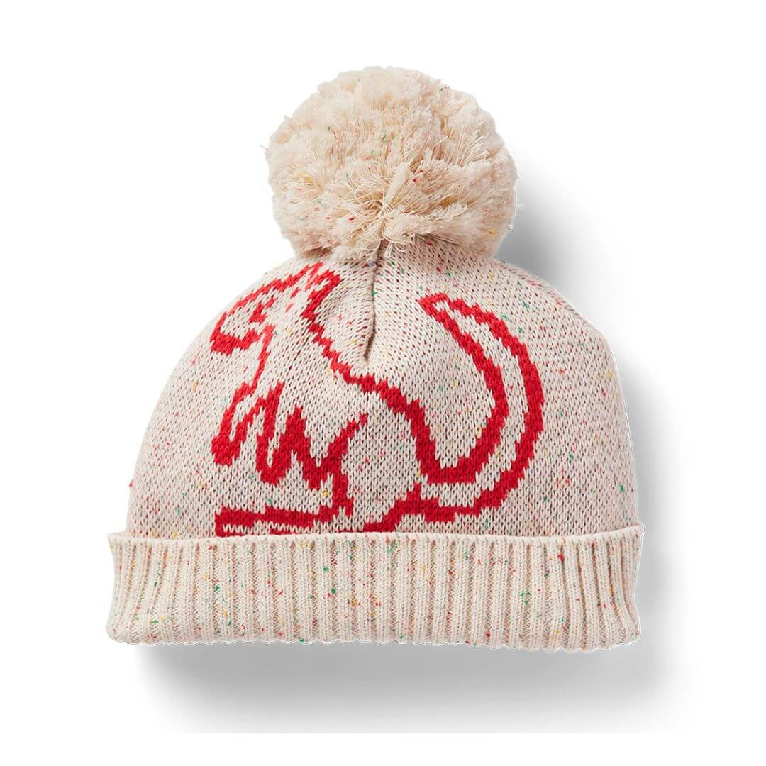 Halcyon Nights Sunny koala knit beanie is a super cute creamy speckled machine washable beanie featuring a super cute red kangaroo print and coo-ee! on the back.