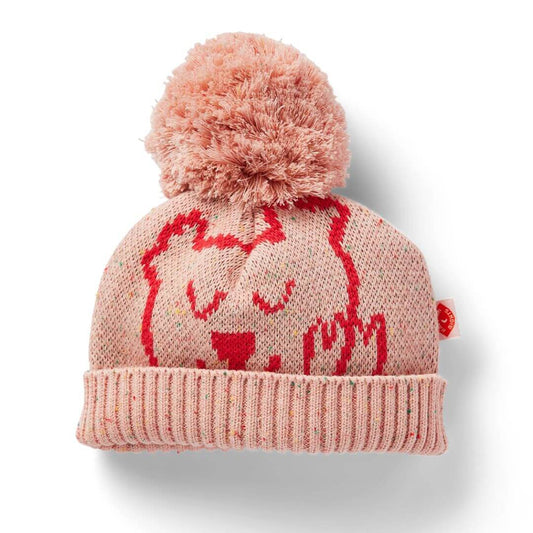 Halcyon Nights Sunny koala knit beanie is a super cute dusty pink machine washable beanie featuring a super cute red koala print and coo-ee! on the back.