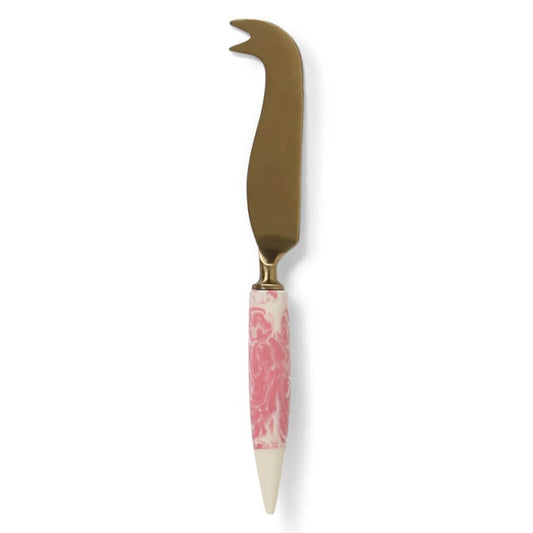 Kip and Co pink marble cheese knife - Beautifully crafted cream and pink marble resin handled cheese knife with stainless steel, brass coated heads.  Packaged in a black cardboard box for easy gifting and safe storage.