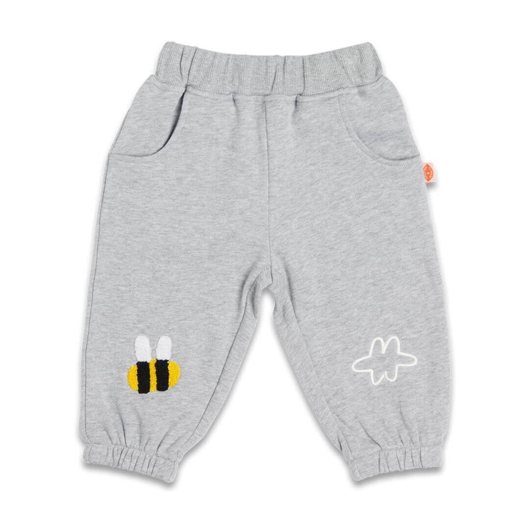 The Halcyon Nights Winter sun jogger in grey are made from a french terry and feature a super cute bumble bee applique on the bottom of the leg
