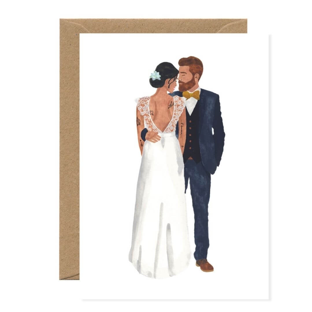 A whimsical hand drawn couple, feature on this blank greeting card.