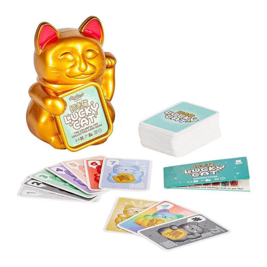 Lucky Cat Card Game in golden lucky cat storage container.