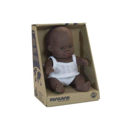 Miniland baby girl doll with African features.