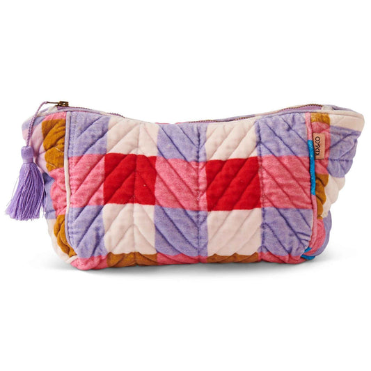 The Summer Check Velvet Toiletry Bag features printed quilted velvet with a check pattern of pink, purple, blue, red, mustard brown and white with feature purple zip tassel.