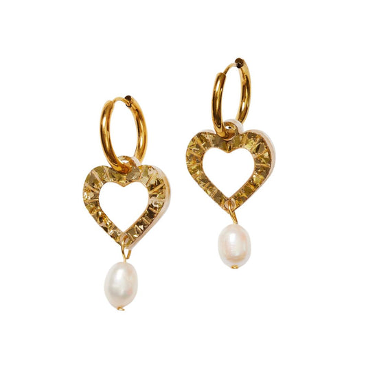 Heart and Pearl Earrings - Gold / Beige