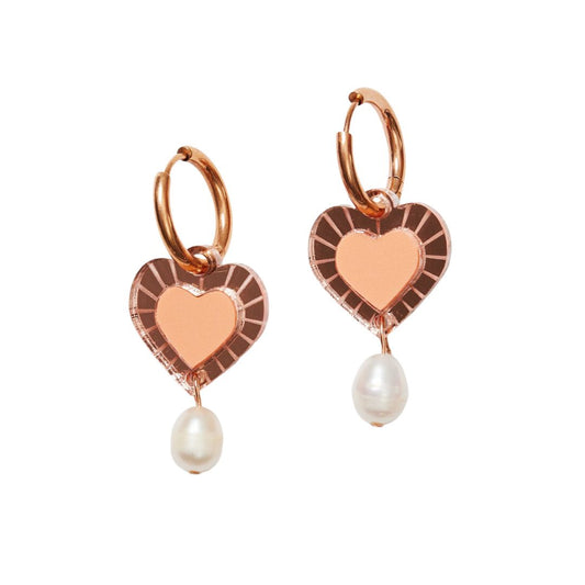 Heart and Pearl Earrings - Rose Peach