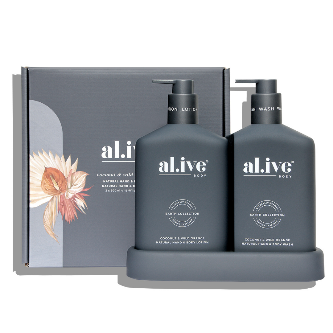 The Coconut & Wild Orange Body Duo from Al.IVE Body  includes a 500ml hand & body wash, 500ml hand & body lotion and a matching tray. Available in store and online at npj Living Flemington