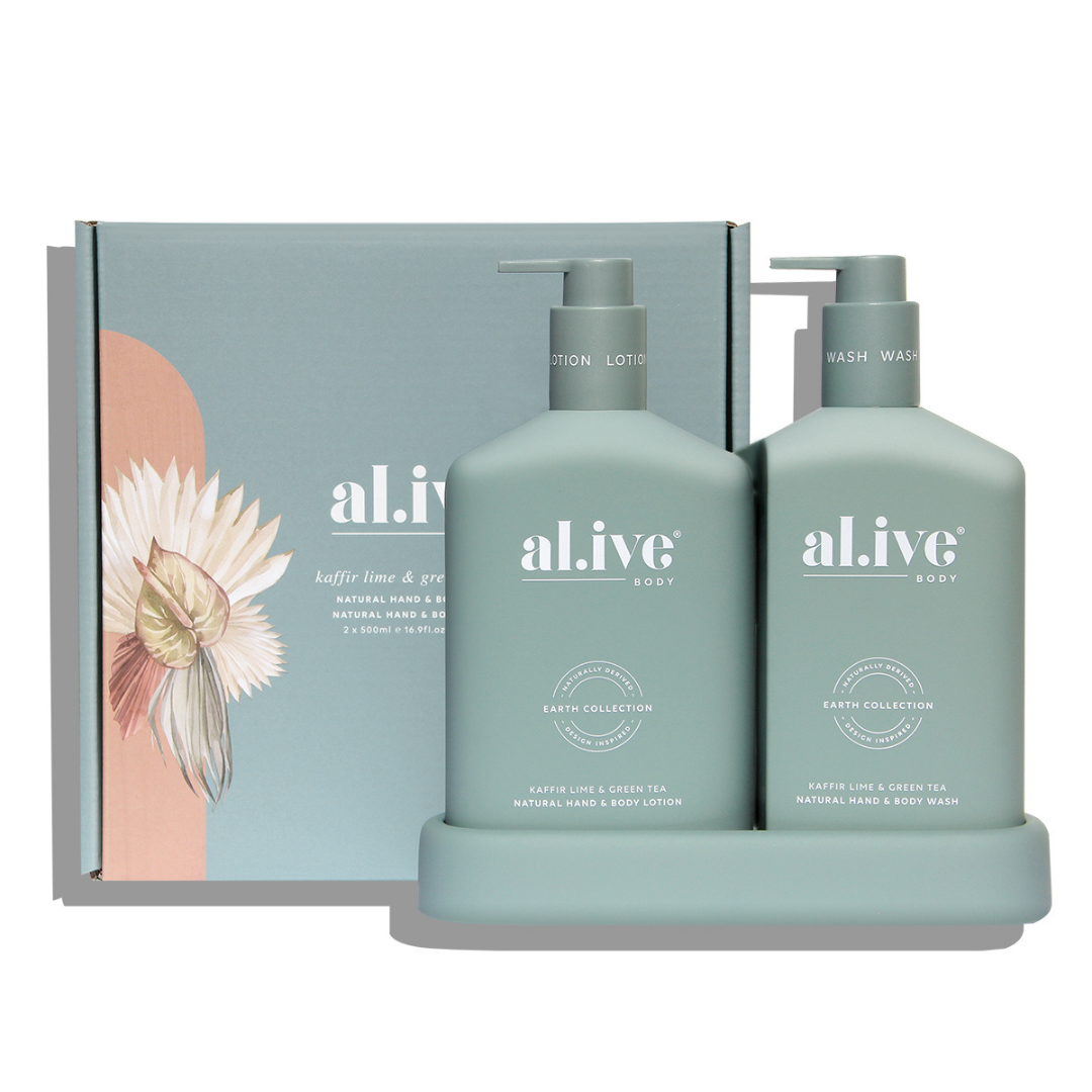 The Kaffir Lime & Green Tea Duo from ali.ive body includes a 500ml hand & body wash, 500ml hand & body lotion and a matching tray. Available in store and online at not plain jane Living Flemington