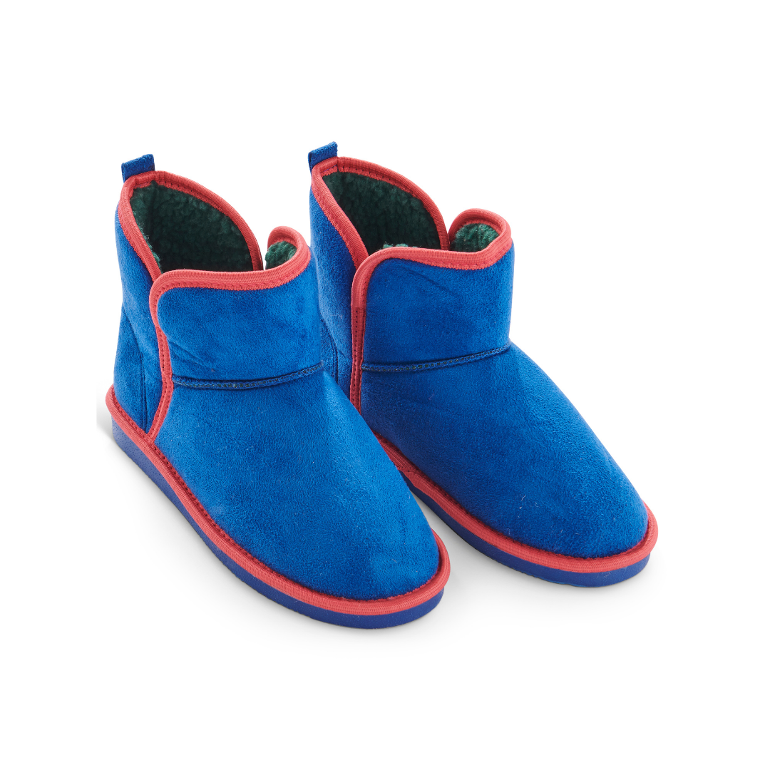 KIDS Blue Emerlad Sherpa Lined boots from Kip & CO Royal blue pull on boots with emerald green sherpa lining and a bright red trim.